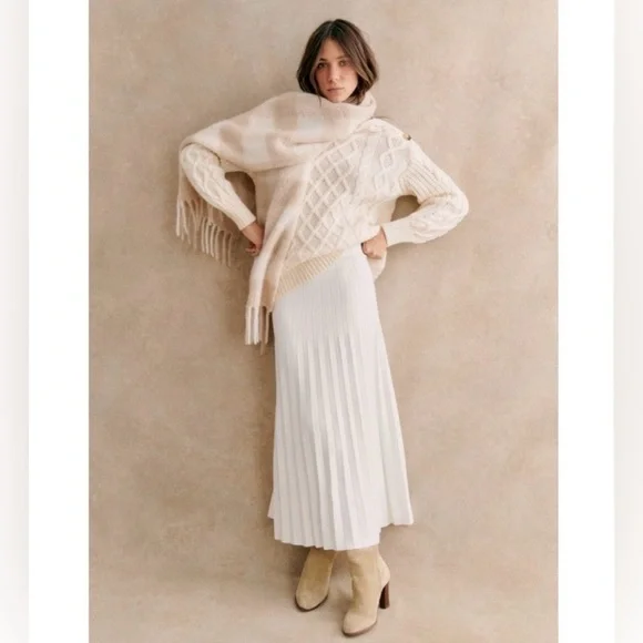 Sezane Leonine Ecru Knit Pleated Skirt Midi Small - Picture 2 of 13